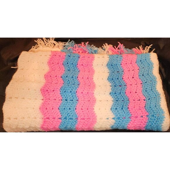 Handmade Crocheted Baby Blanket Fringe Multicolor Stripes Blue Pink White NEW - Picture 1 of 7